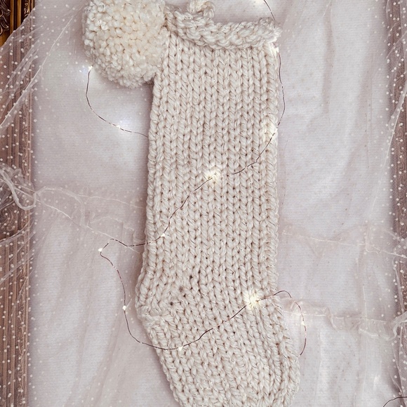 Classic Hand knit Holiday Stocking Cream with gold tinsel thread *Ready to ship* - Picture 1 of 6